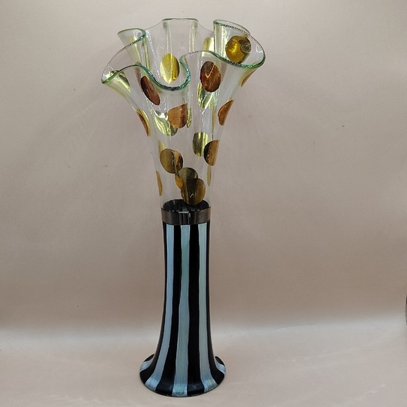 Vintage Mackenzie Childs Glass Ruffle Top Vase Courtly Stripe Gold Polka Dot 10